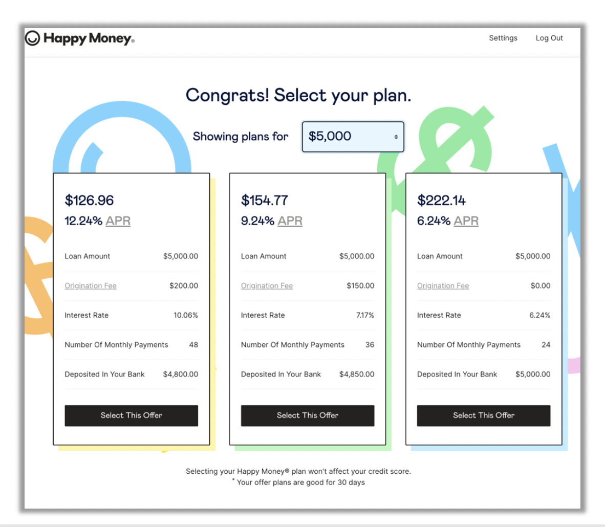 Happy Money loan offer interface