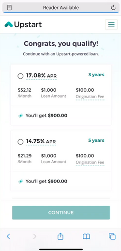 Upstart loan offer interface